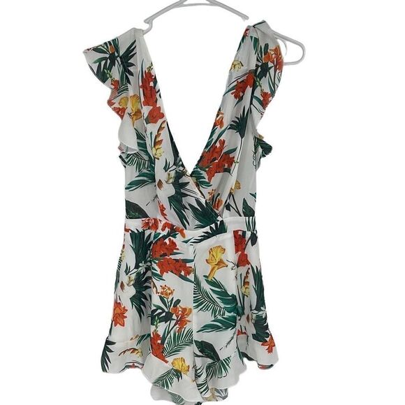 Prettylittlething Womens Tropical Paradise Tie Romper V Neck Green White Size 2 - Picture 1 of 10